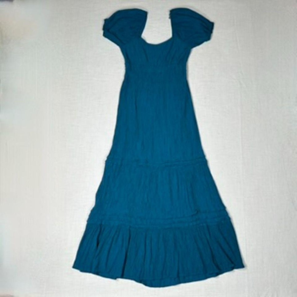 Max Ash Womens Tiered Midi Dress Medium Teal Regency Milkmaid Cottage Crinkled - Picture 5 of 7